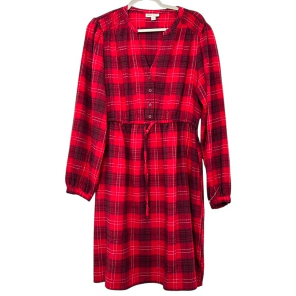 Knox Rose Size Medium Red Black Plaid Flannel Shirtdress V-Neck Casual Cozy Fall